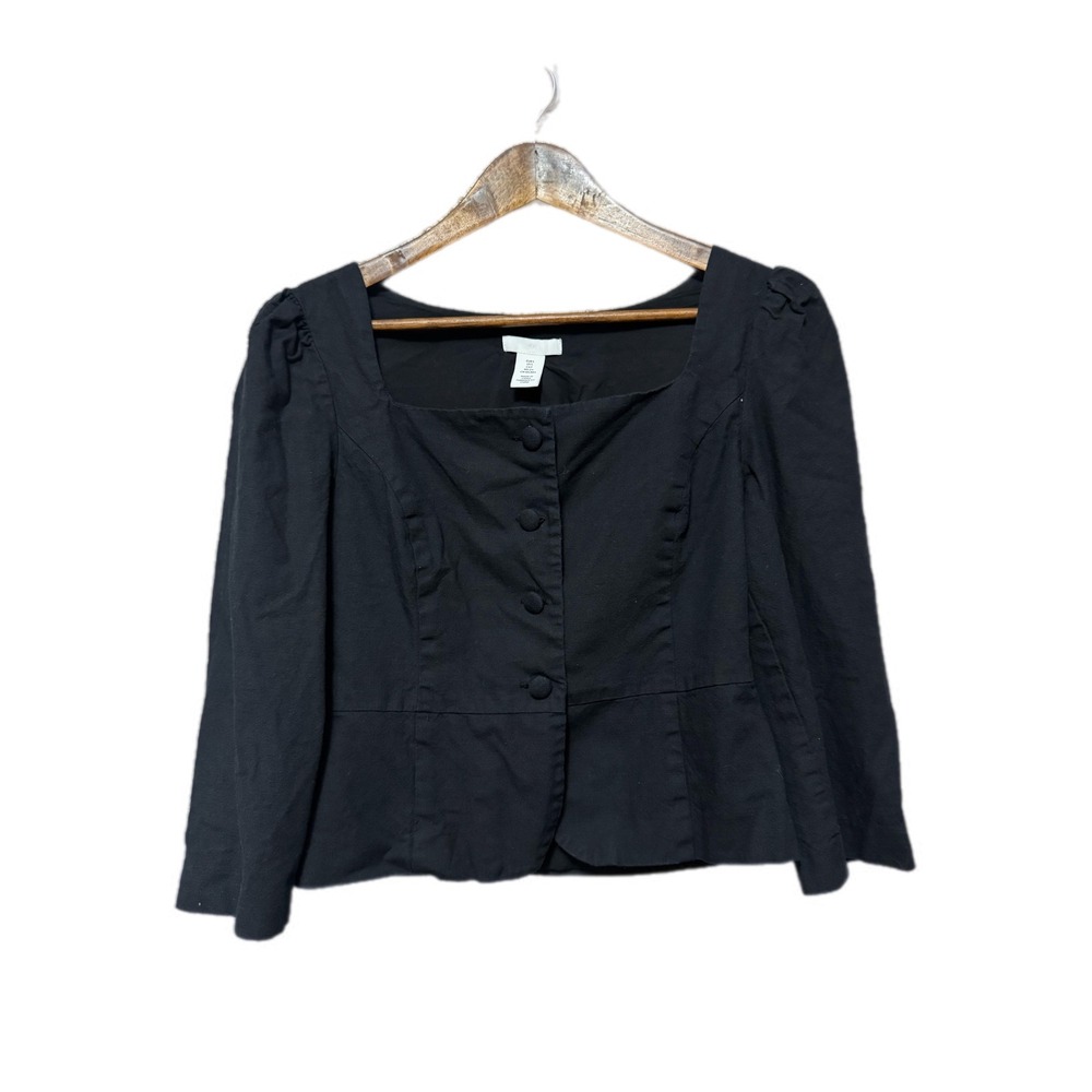 H&M Blouse Women Size S Black Excellent box Neck Puff Sleeve Button Peplum